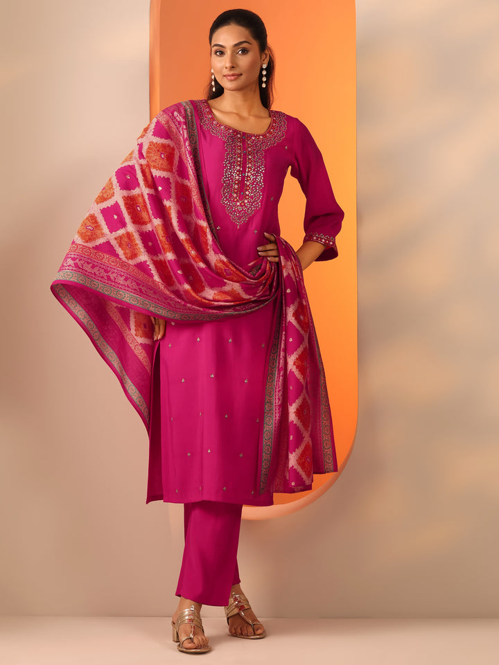 Pink Embellished Rayon Straight Suit Set With Dupatta