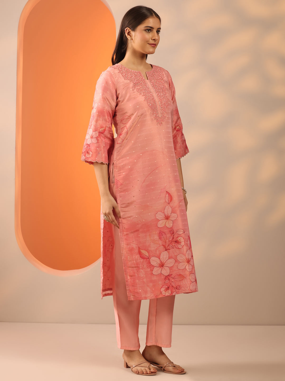 Peach Printed Silk Blend Straight Suit Set With Dupatta