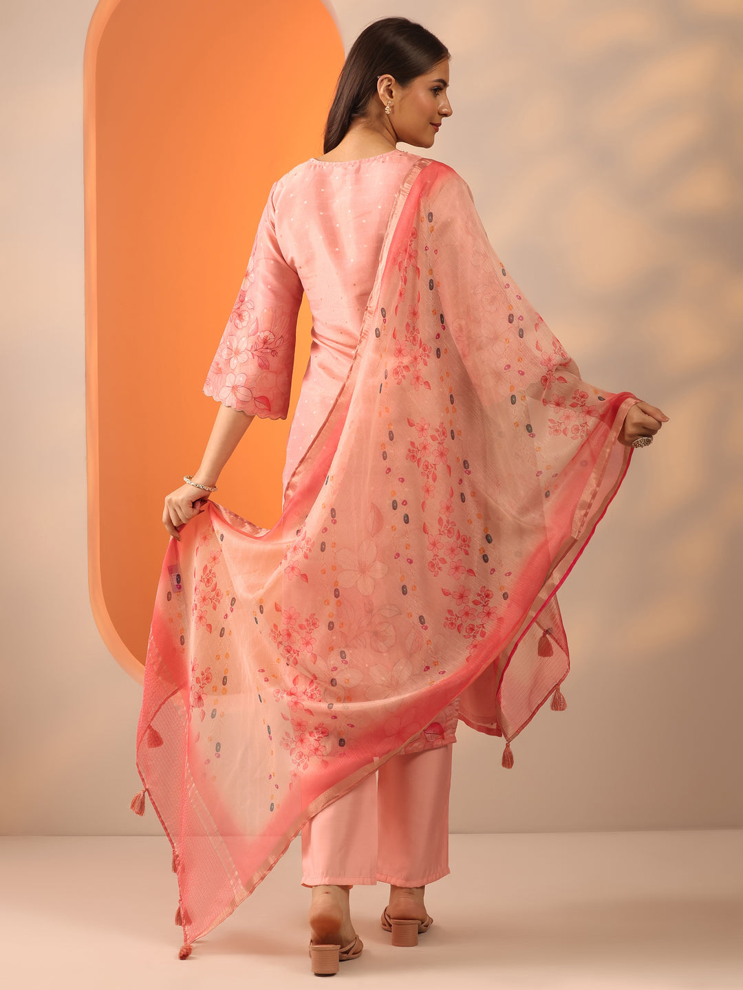 Peach Printed Silk Blend Straight Suit Set With Dupatta