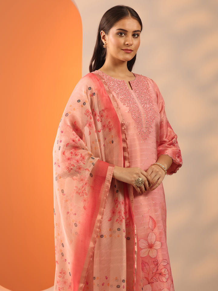 Peach Printed Silk Blend Straight Suit Set With Dupatta