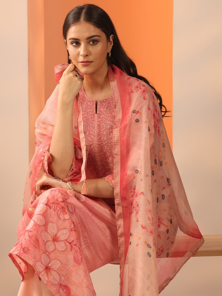 Peach Printed Silk Blend Straight Suit Set With Dupatta