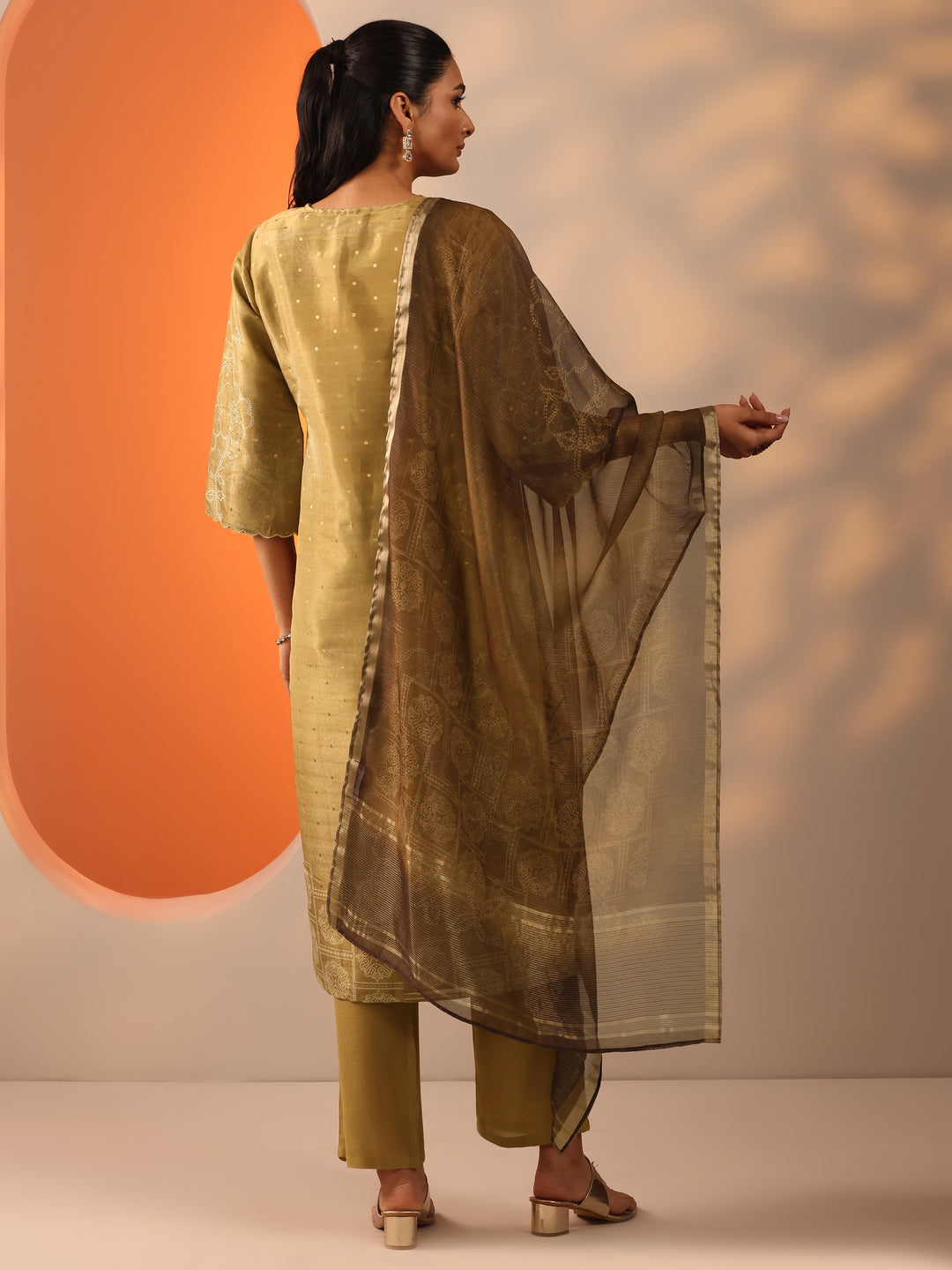 Gold Printed Silk Blend Straight Suit Set With Dupatta