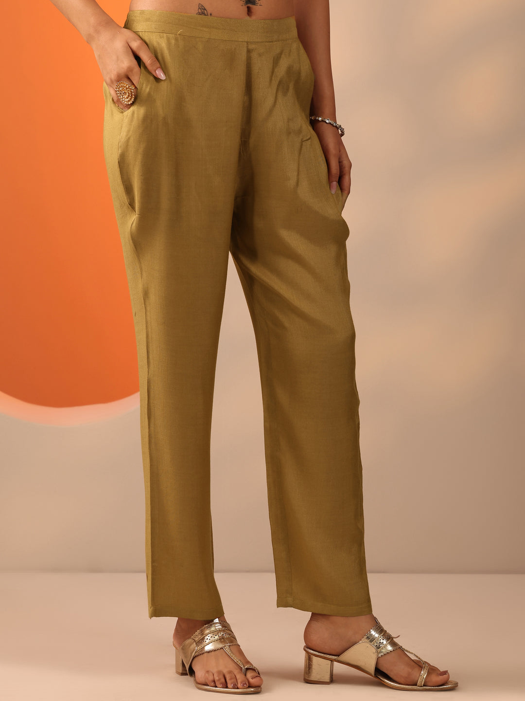 Gold Printed Silk Blend Straight Suit Set With Dupatta