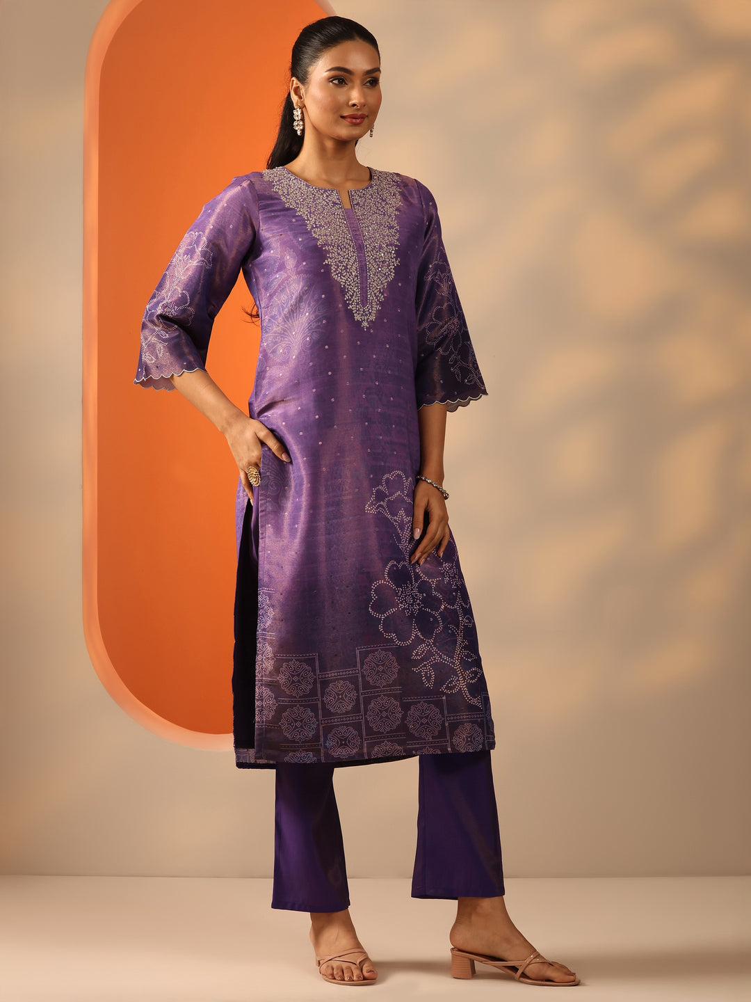 Purple Embellished Silk Blend Straight Suit Set With Dupatta