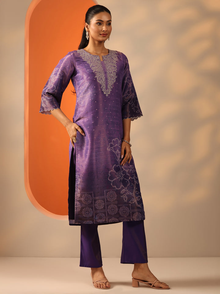 Purple Embellished Silk Blend Straight Suit Set With Dupatta