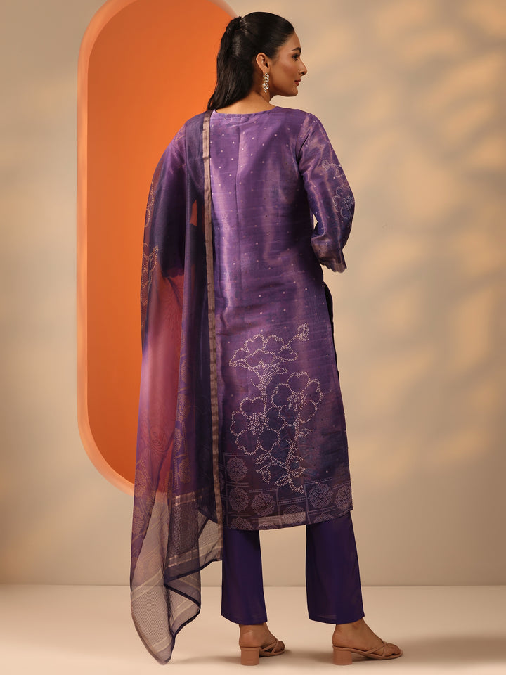 Purple Embellished Silk Blend Straight Suit Set With Dupatta