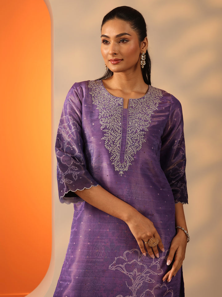 Purple Embellished Silk Blend Straight Suit Set With Dupatta