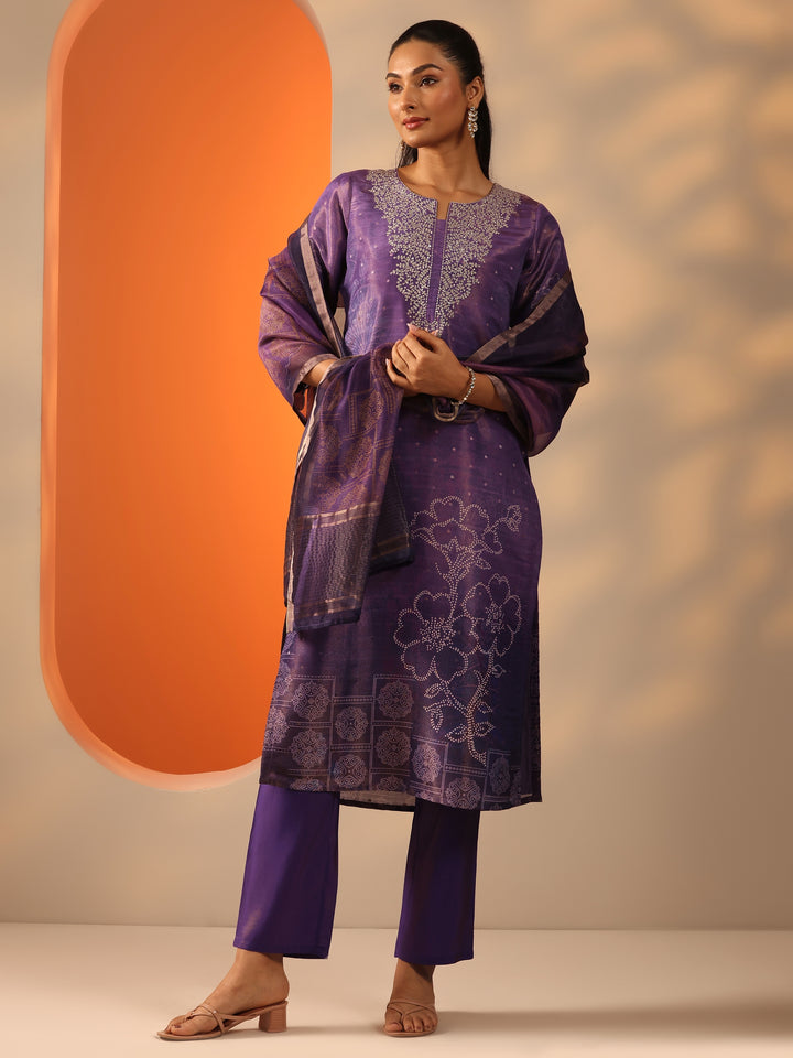 Purple Embellished Silk Blend Straight Suit Set With Dupatta