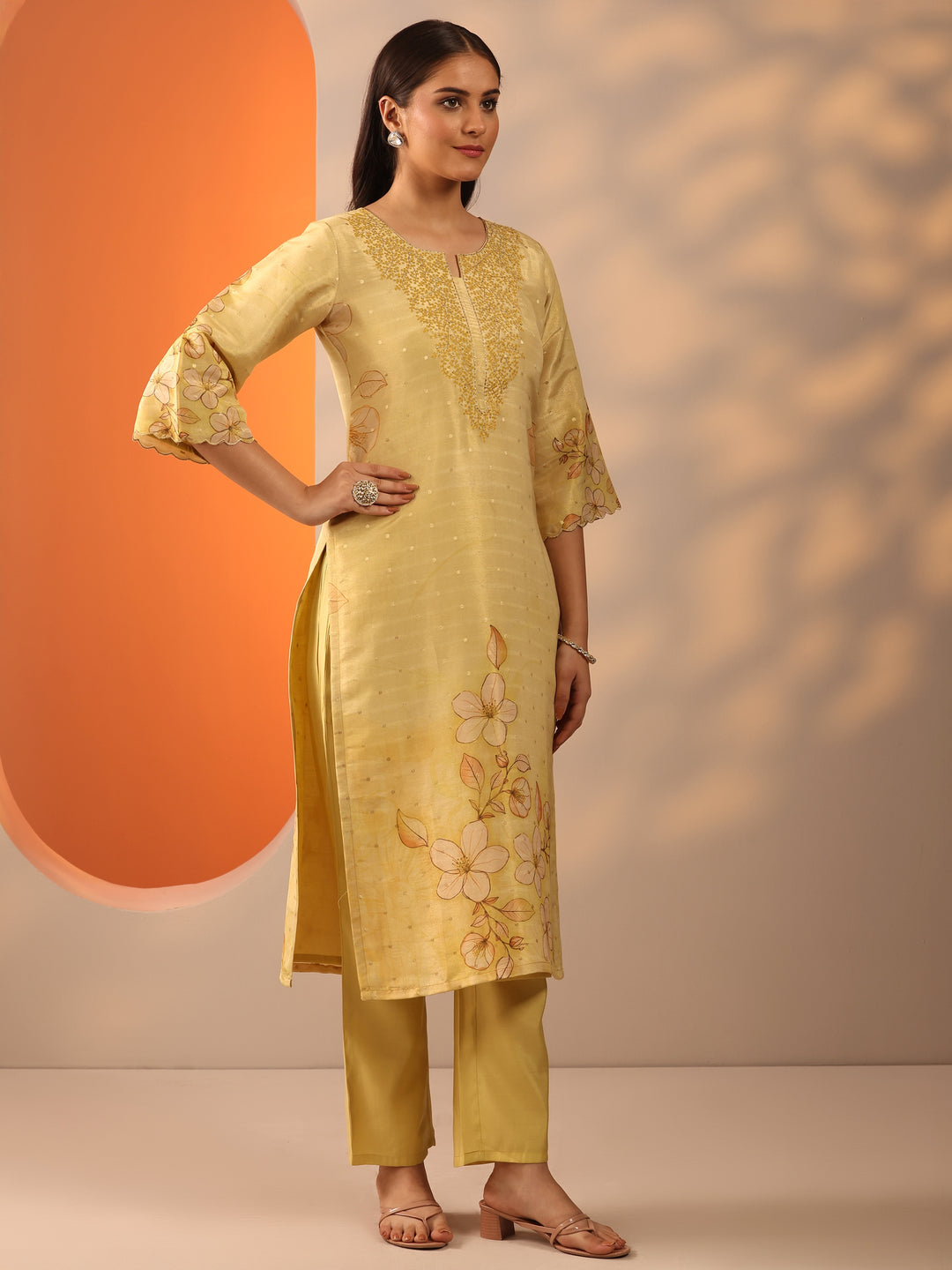 Yellow Printed Silk Blend Straight Suit Set With Dupatta