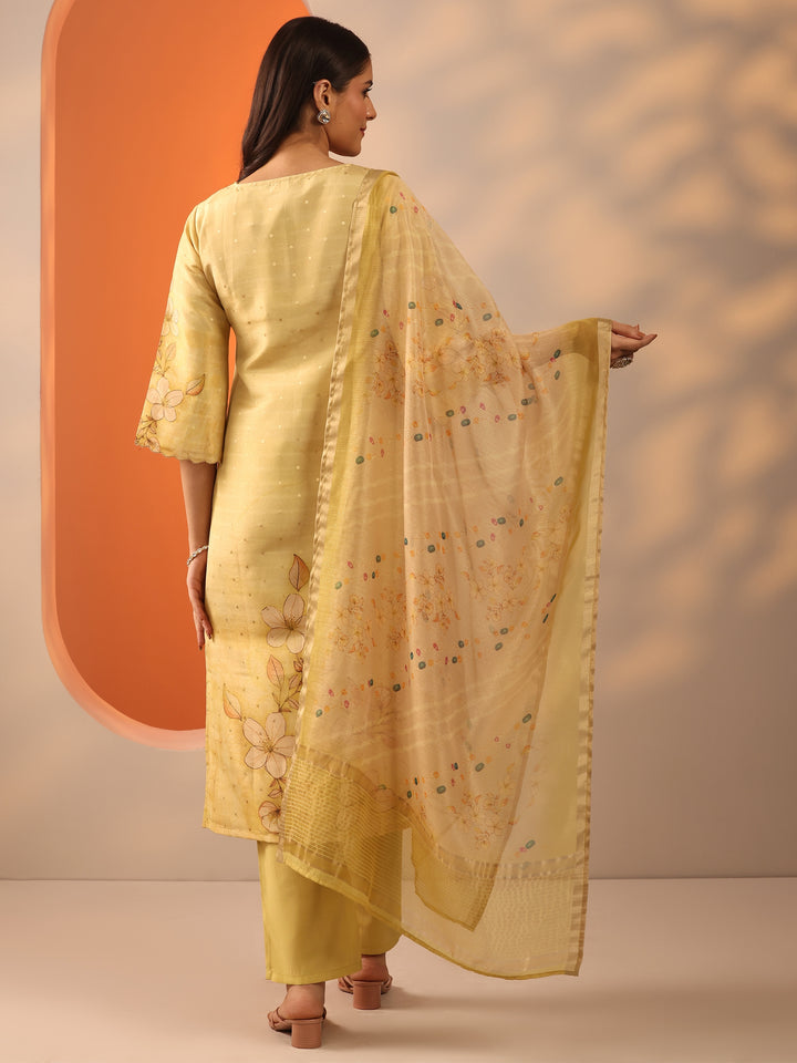Yellow Printed Silk Blend Straight Suit Set With Dupatta