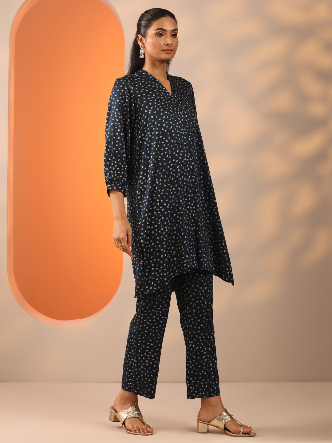 Blue Printed Silk Blend Straight Kurta Set