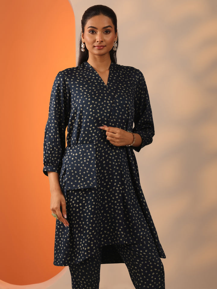 Blue Printed Silk Blend Straight Kurta Set