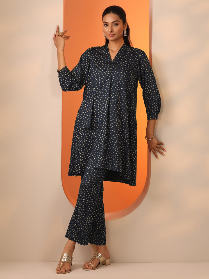 Blue Printed Silk Blend Straight Kurta Set