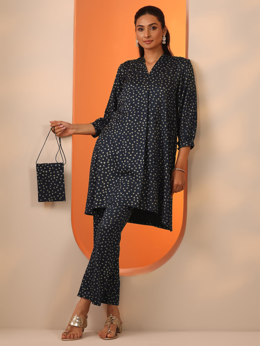 Blue Printed Silk Blend Straight Kurta Set