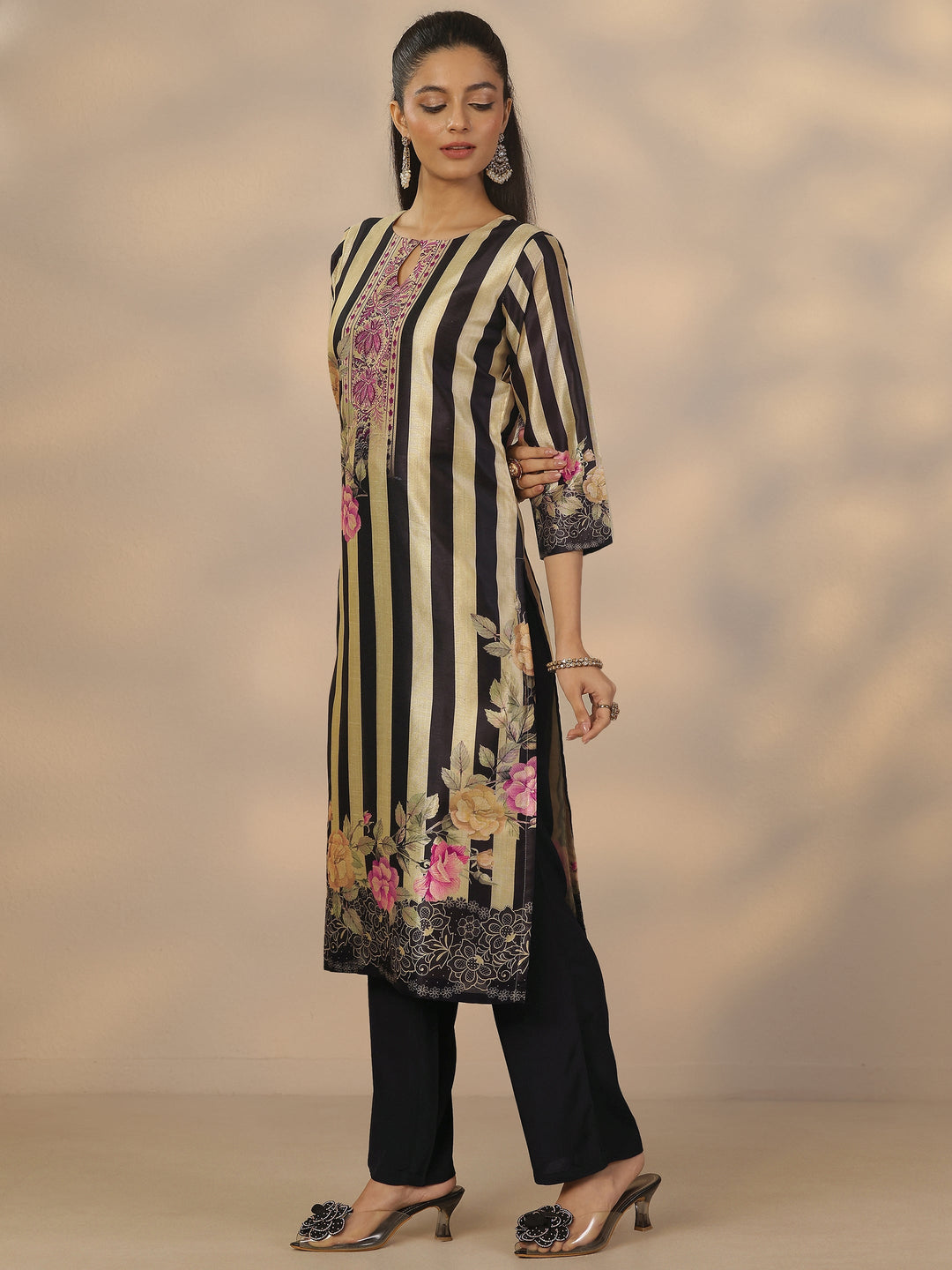 Black Printed Silk Blend Straight Suit Set With Dupatta
