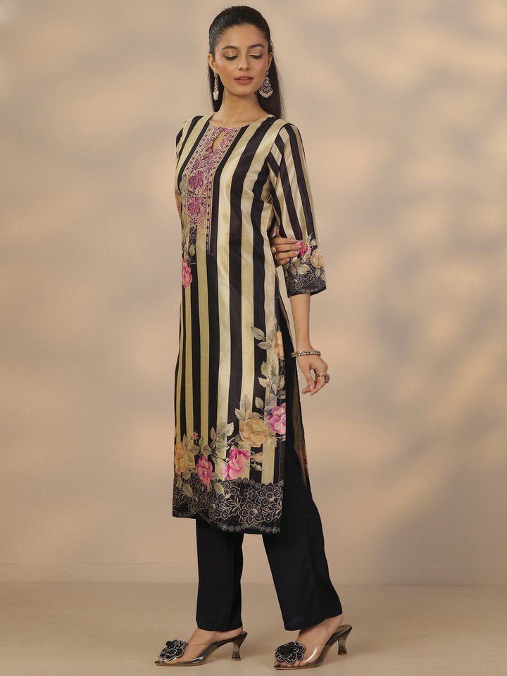 Black Printed Silk Blend Straight Suit Set With Dupatta