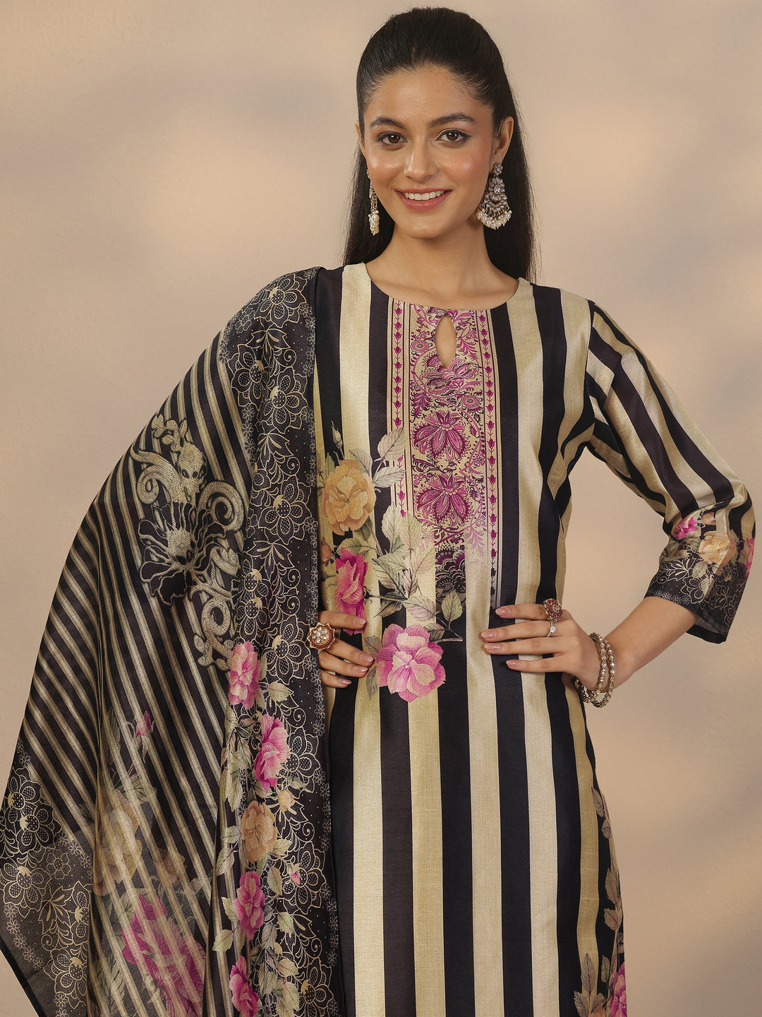 Black Printed Silk Blend Straight Suit Set With Dupatta