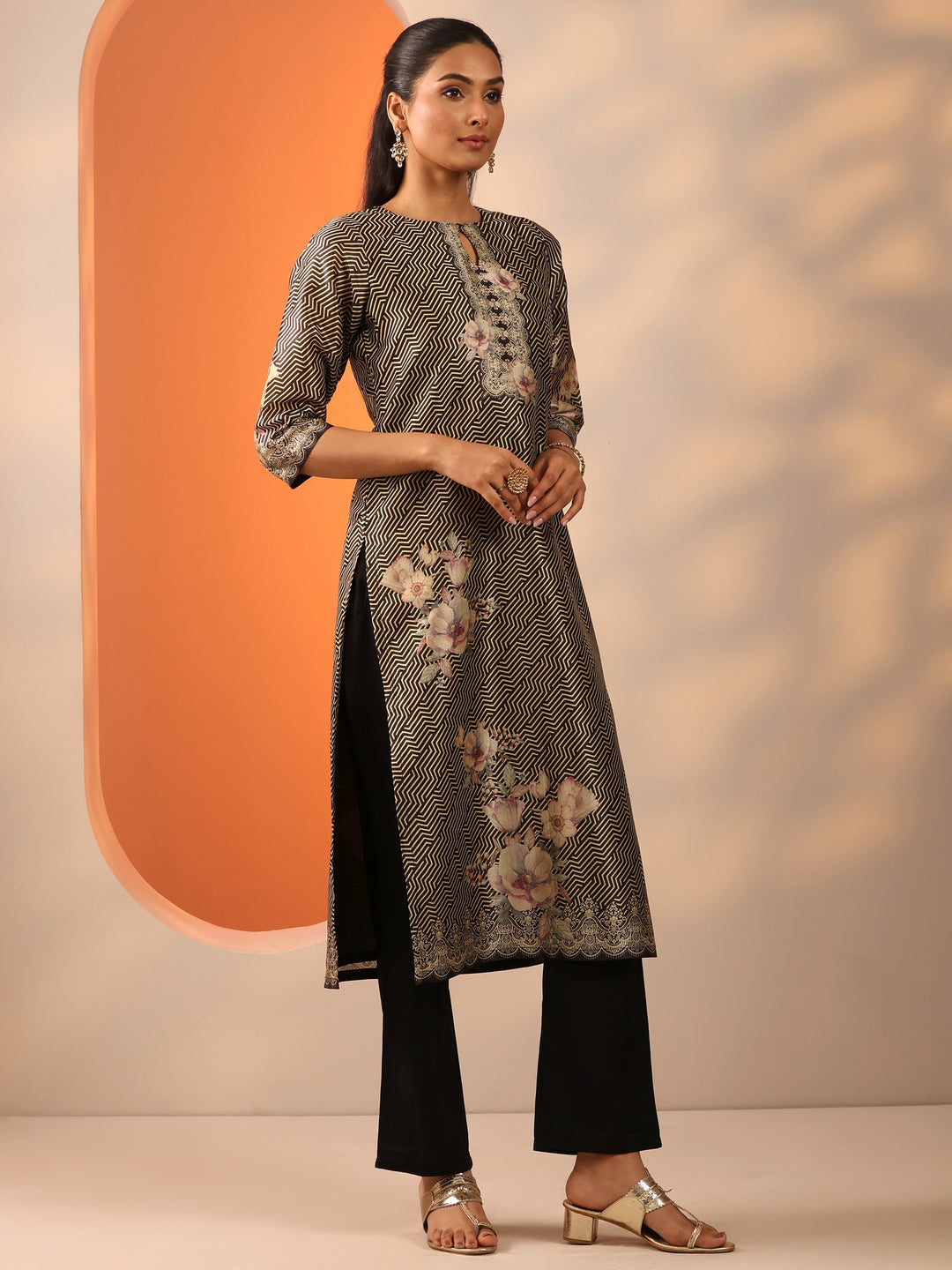 Black Printed Silk Blend Straight Suit Set With Dupatta