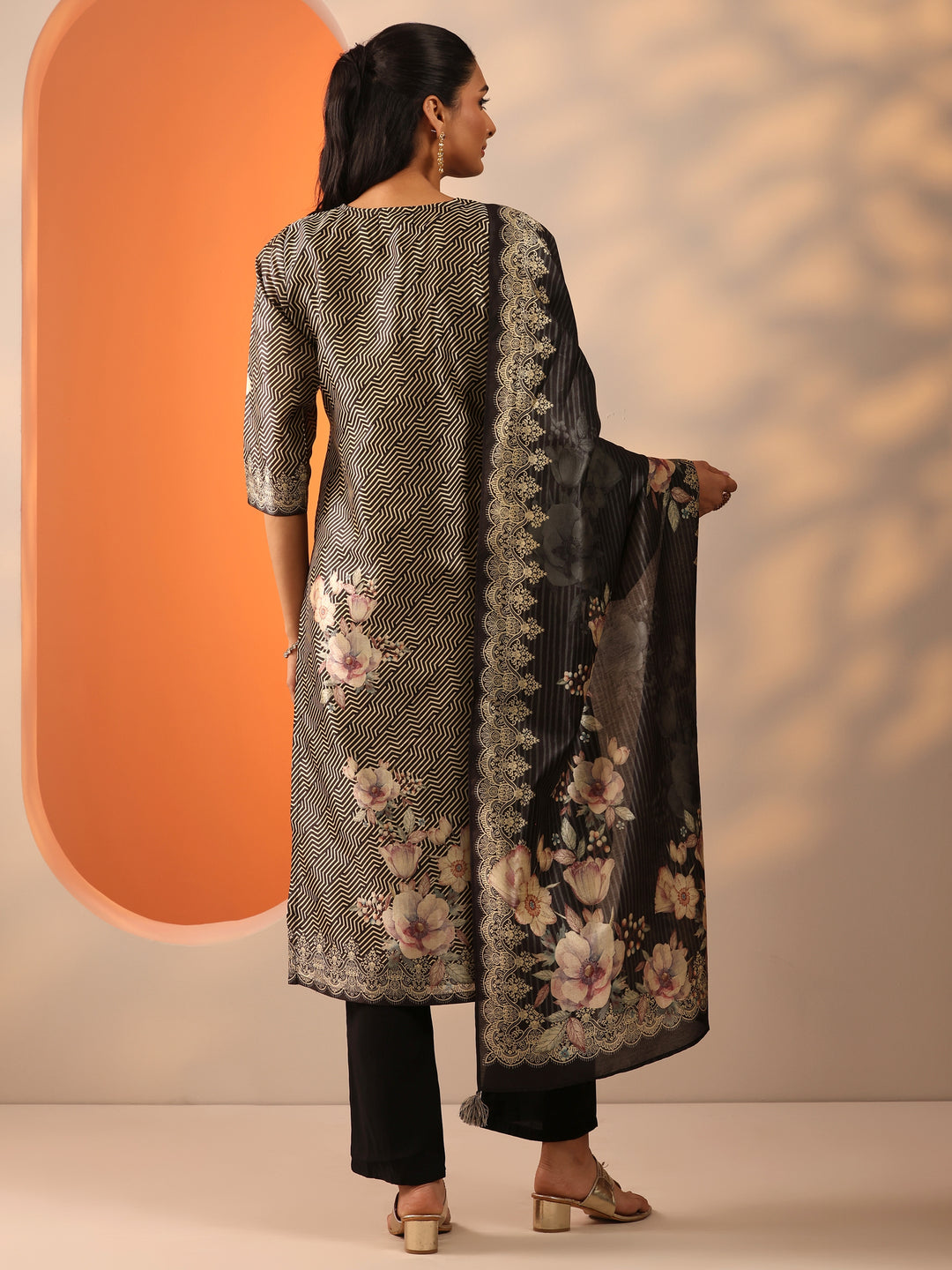 Black Printed Silk Blend Straight Suit Set With Dupatta