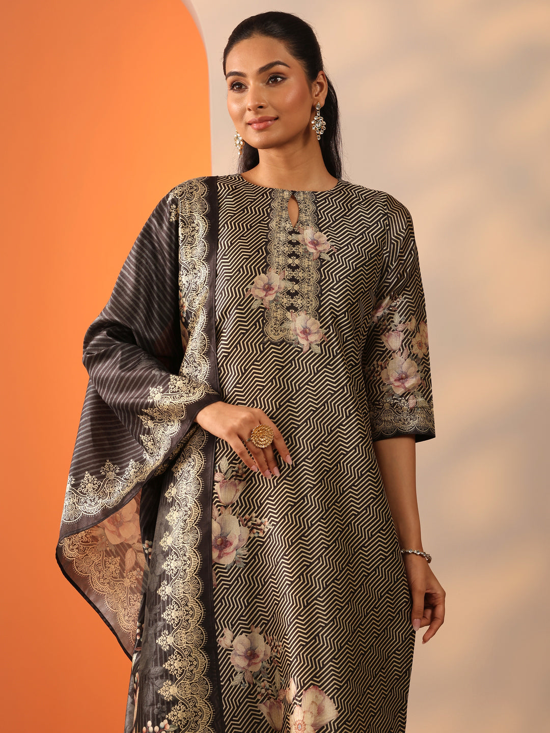 Black Printed Silk Blend Straight Suit Set With Dupatta