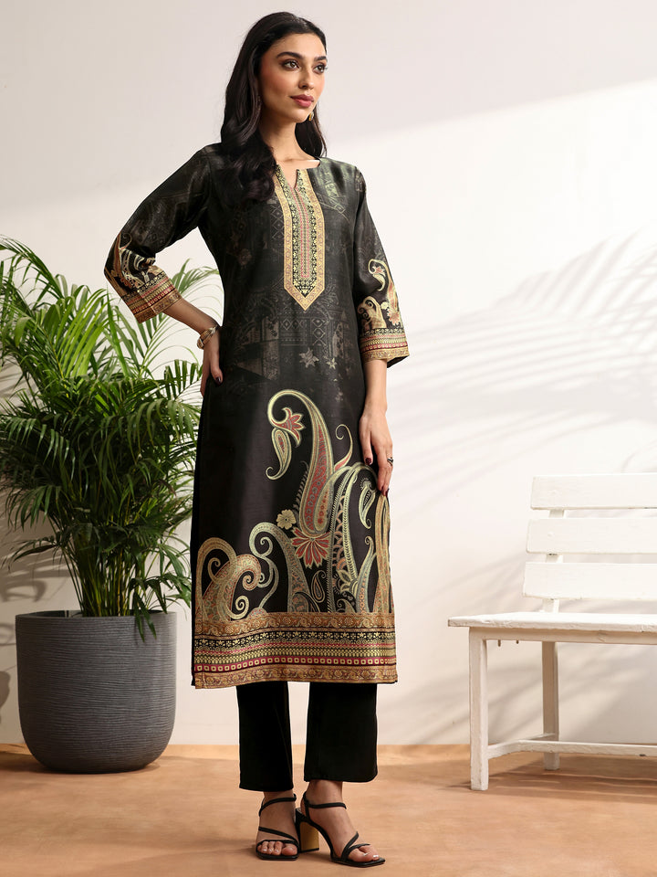 Black Printed Silk blend Straight Suit Set With Dupatta