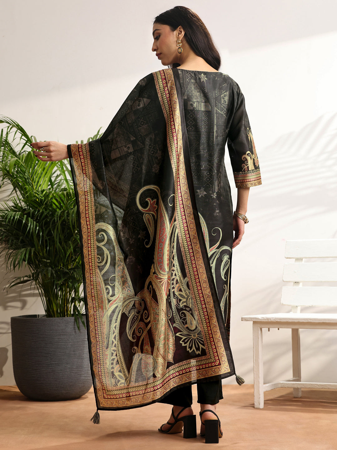 Black Printed Silk blend Straight Suit Set With Dupatta