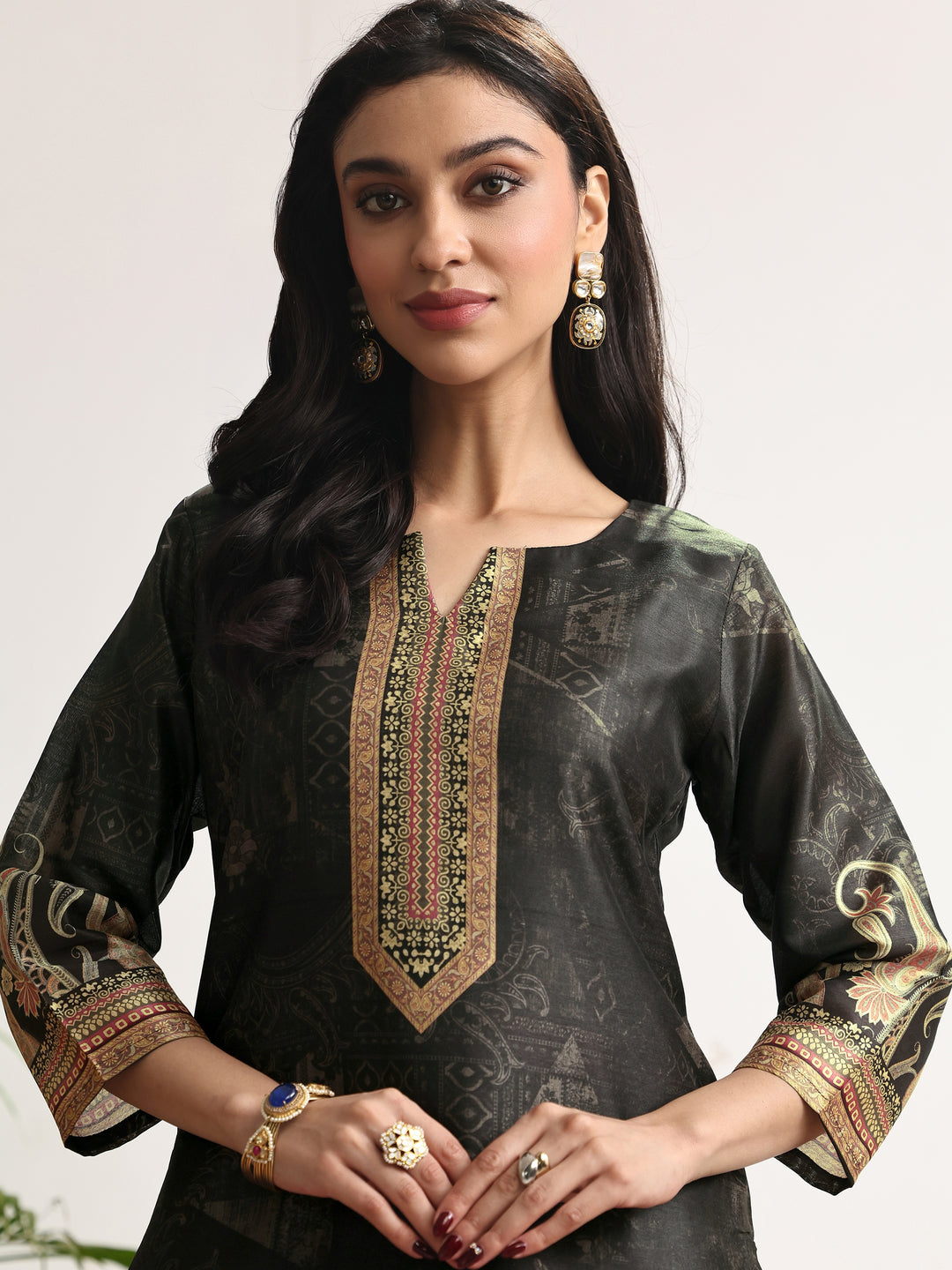 Black Printed Silk blend Straight Suit Set With Dupatta