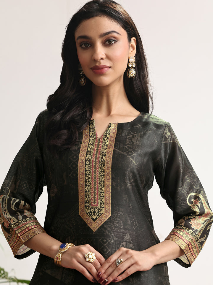 Black Printed Silk blend Straight Suit Set With Dupatta