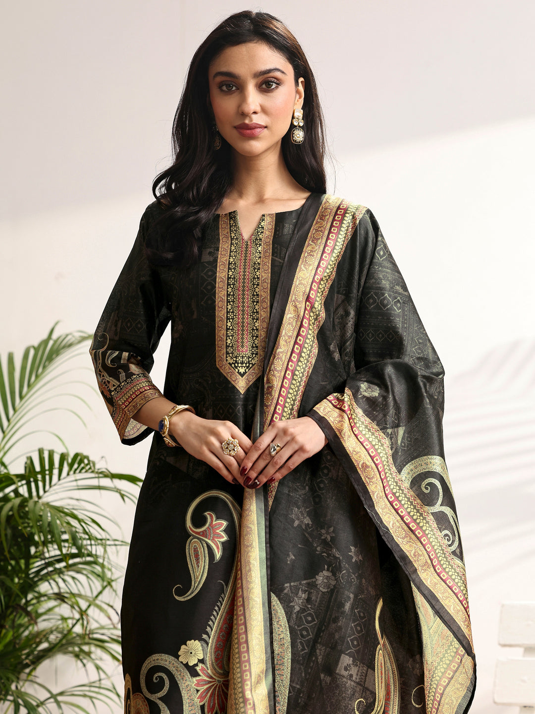 Black Printed Silk blend Straight Suit Set With Dupatta