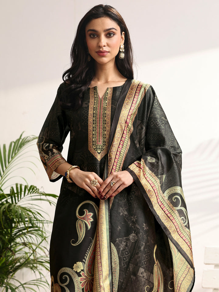 Black Printed Silk blend Straight Suit Set With Dupatta