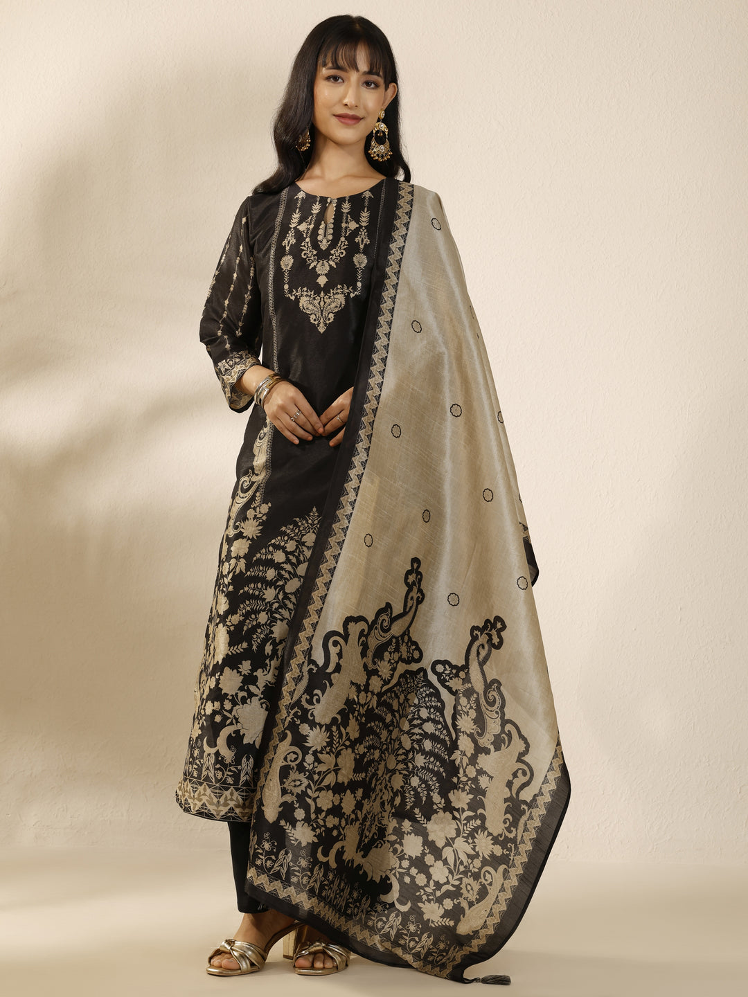 Black Embroidered Silk blend Straight Suit Set With Dupatta