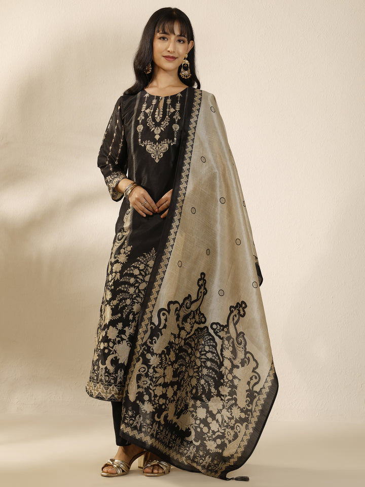 Black Embroidered Silk blend Straight Suit Set With Dupatta