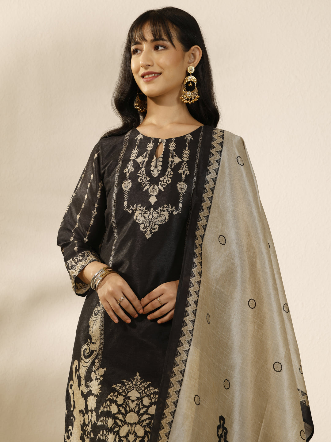 Black Embroidered Silk blend Straight Suit Set With Dupatta