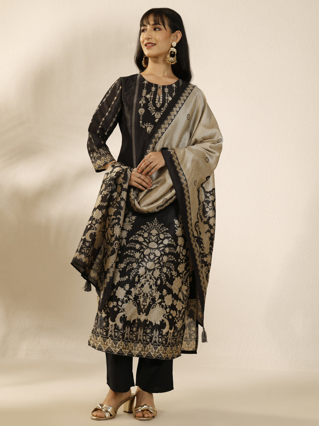 Black Embroidered Silk blend Straight Suit Set With Dupatta