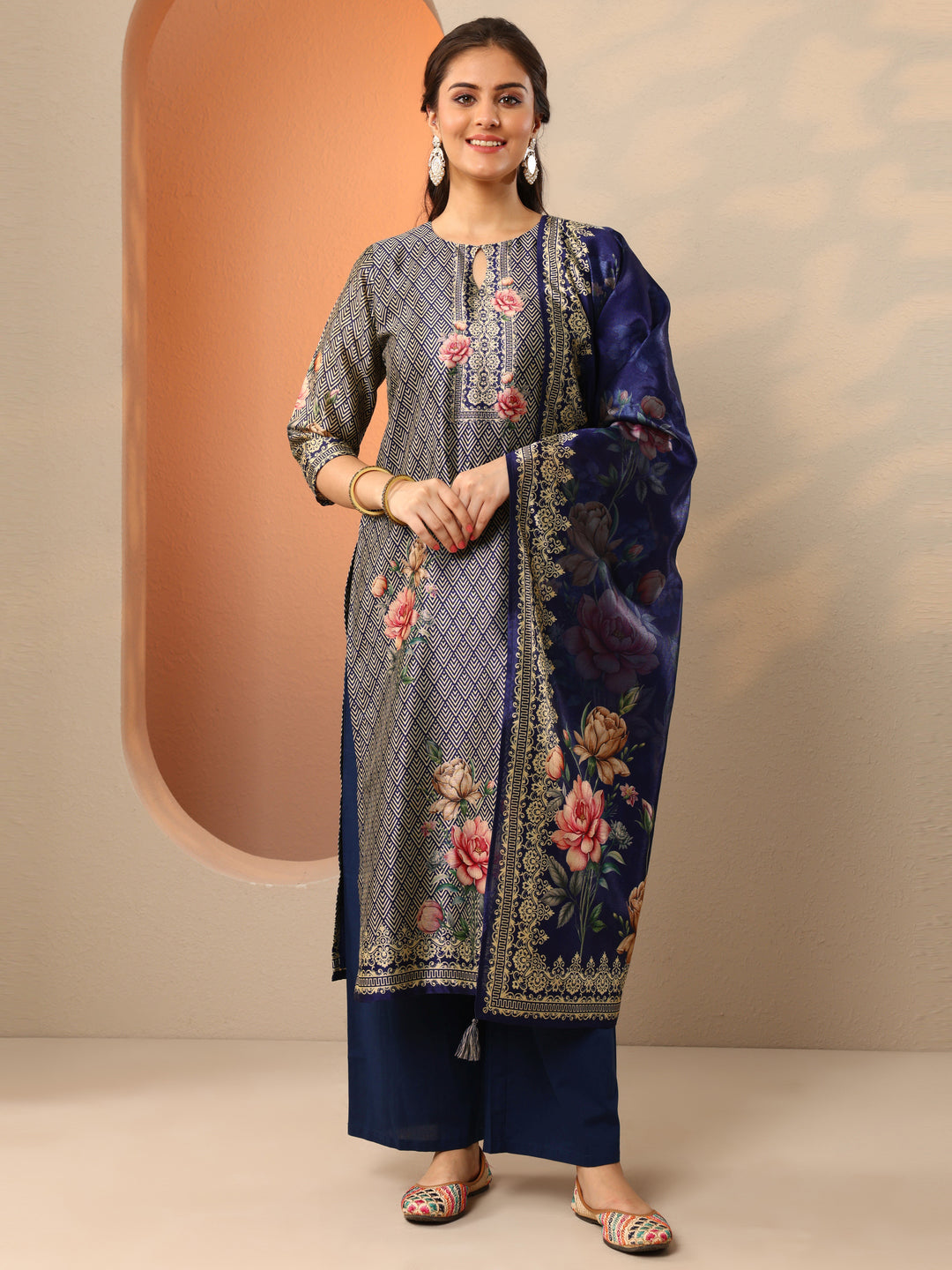Navy Blue Printed Silk Blend Straight Suit Set With Dupatta
