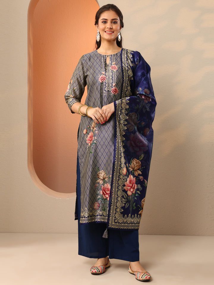 Navy Blue Printed Silk Blend Straight Suit Set With Dupatta