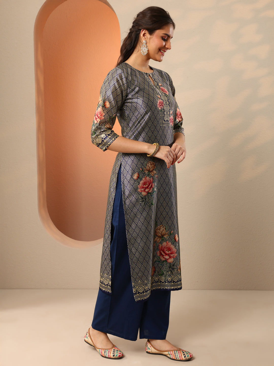 Navy Blue Printed Silk Blend Straight Suit Set With Dupatta