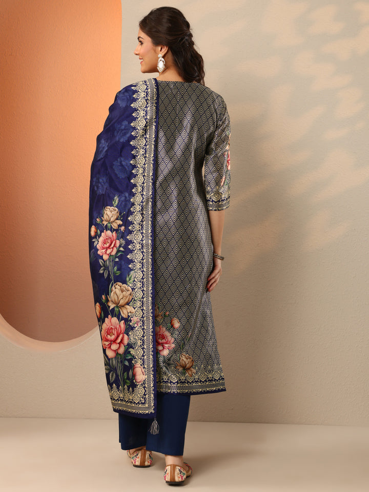 Navy Blue Printed Silk Blend Straight Suit Set With Dupatta