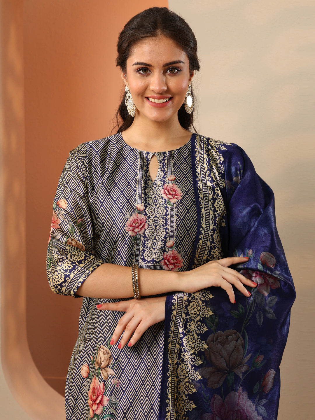 Navy Blue Printed Silk Blend Straight Suit Set With Dupatta