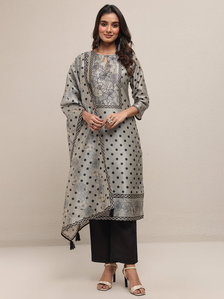 Grey Printed Silk Blend Straight Suit Set With Dupatta