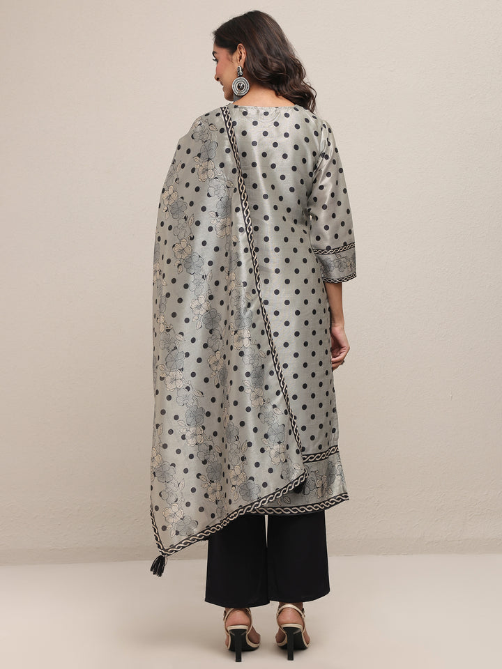 Grey Printed Silk Blend Straight Suit Set With Dupatta