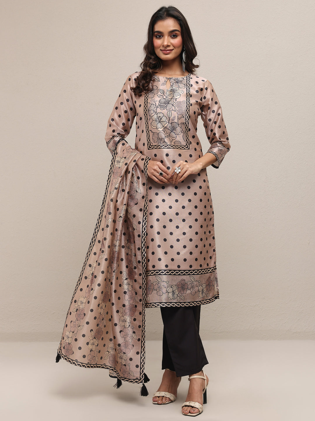 Beige Printed Silk Blend Straight Suit Set With Dupatta