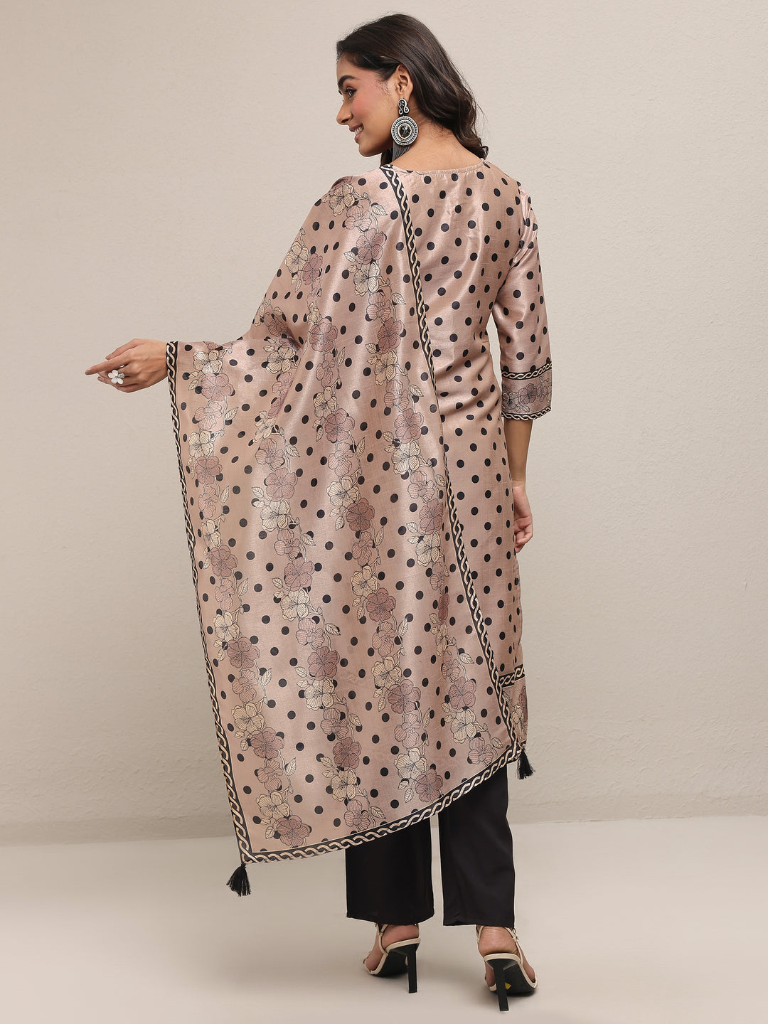 Beige Printed Silk Blend Straight Suit Set With Dupatta