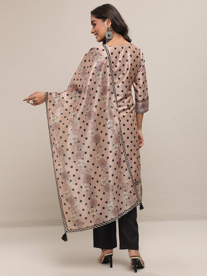 Beige Printed Silk Blend Straight Suit Set With Dupatta