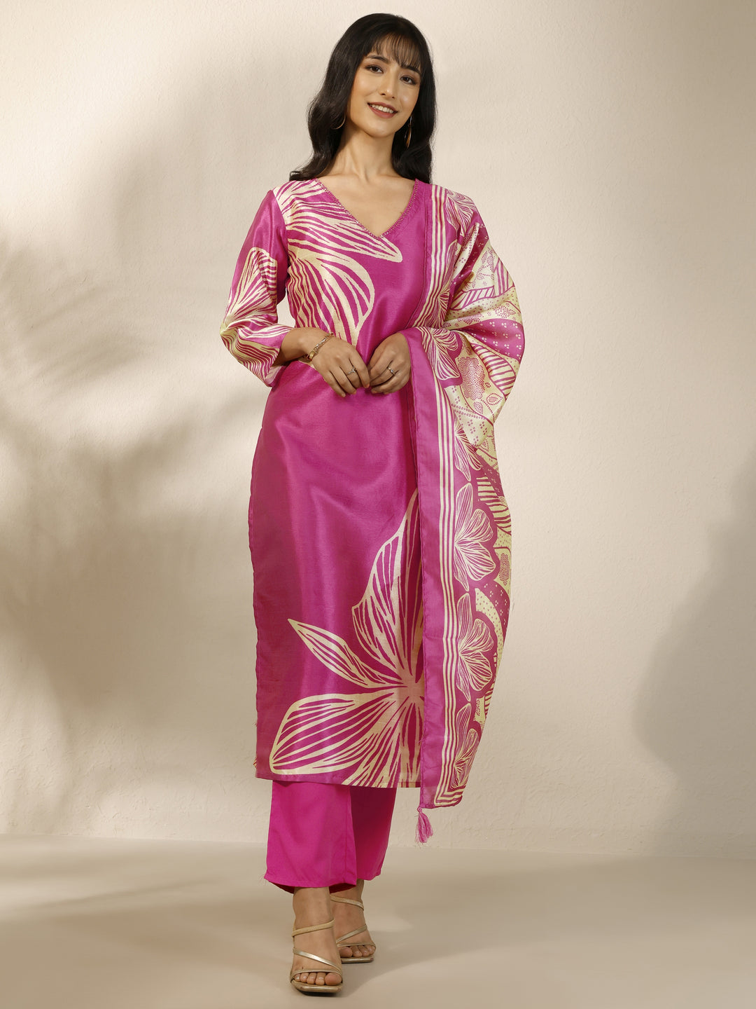 Pink Printed Silk Blend Straight Suit Set With Dupatta