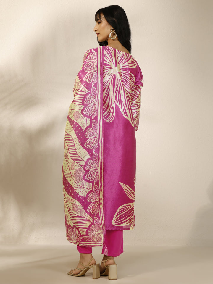 Pink Printed Silk Blend Straight Suit Set With Dupatta