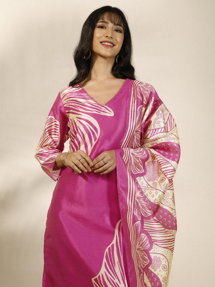 Pink Printed Silk Blend Straight Suit Set With Dupatta