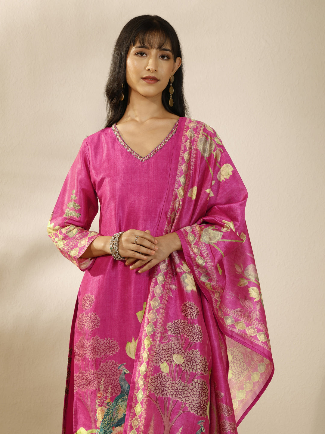 Pink Printed Silk Blend Straight Suit Set With Dupatta