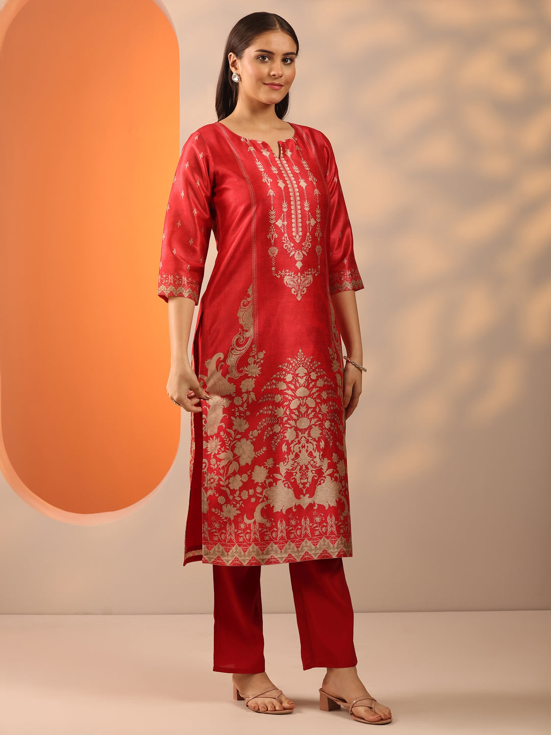 Red Printed Silk Blend Straight Suit Set With Dupatta