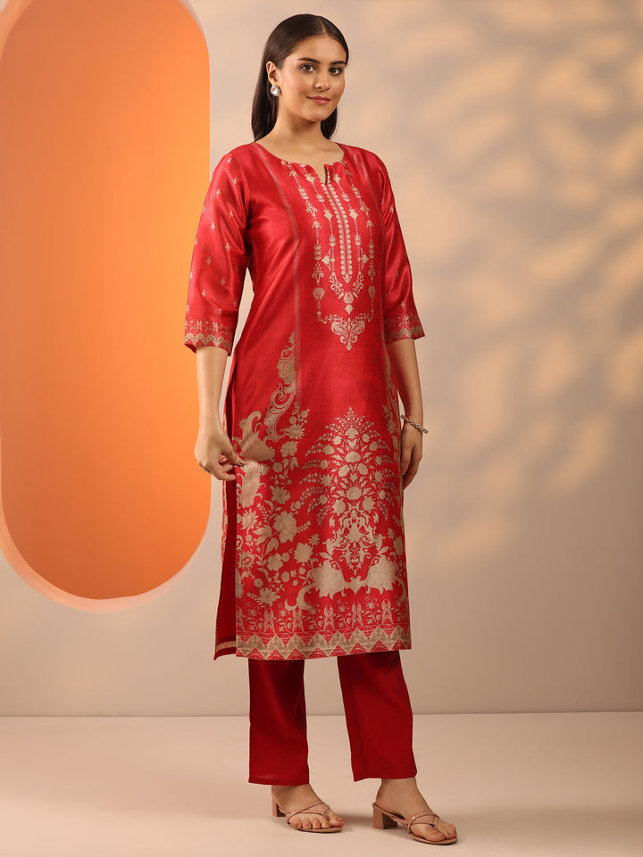Red Printed Silk Blend Straight Suit Set With Dupatta